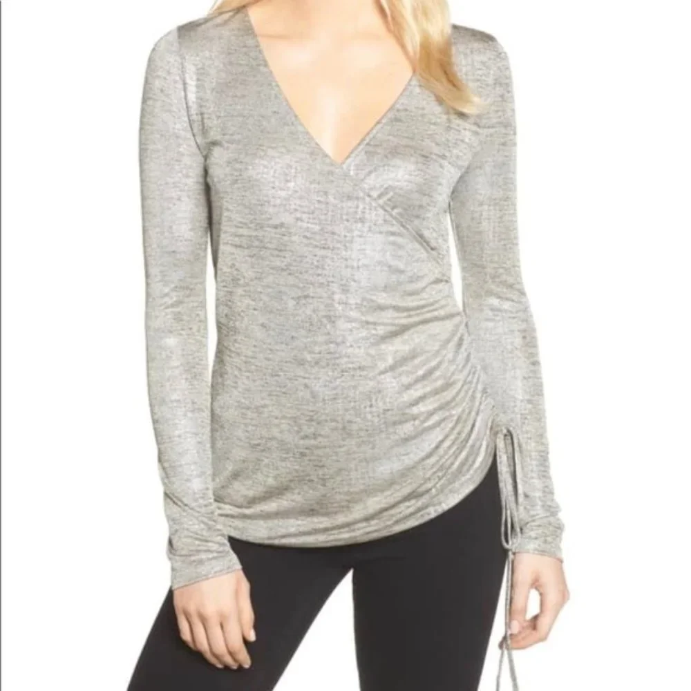 Trouve Metallic Silver Rouched Top - Silk Foil Nordstrom Small New with Tags - Picture 10 of 16